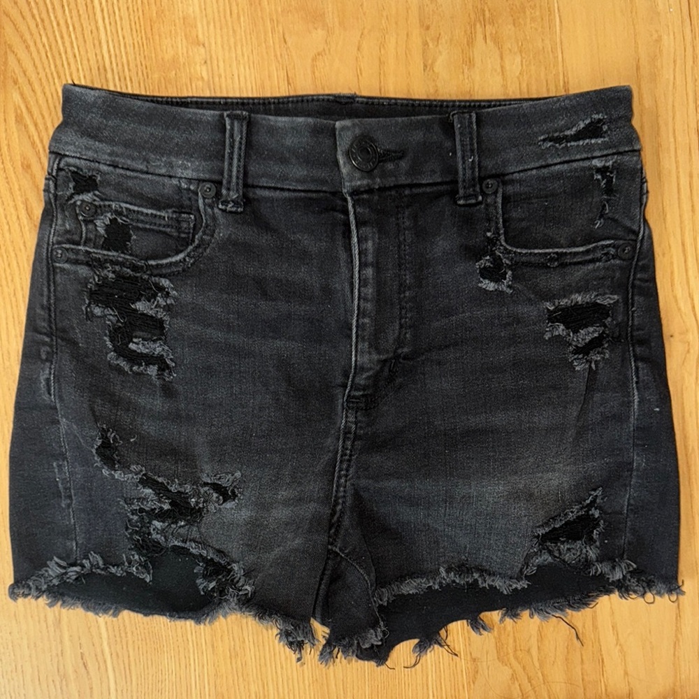 Distressed Black Denim Shorts